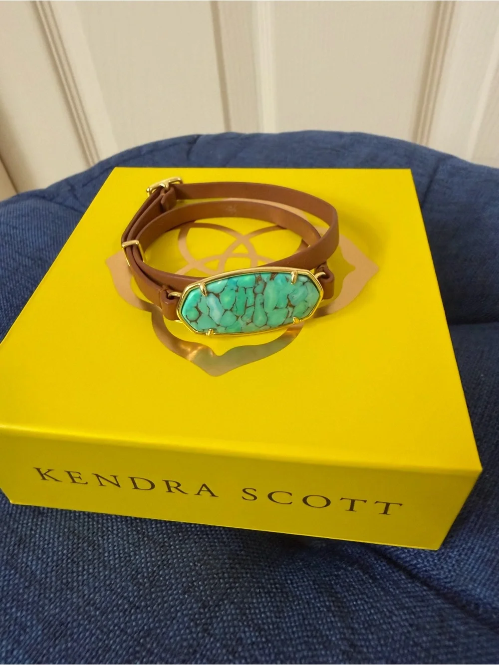 Kendra Scott Tan Leather Double Wrap Bracelet with Turquoise Stone